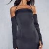 Premium Satin Halterneck Bardot Split Sleeve Dress -Dress Sales Store black premium satin halterneck bardot split sleeve dress