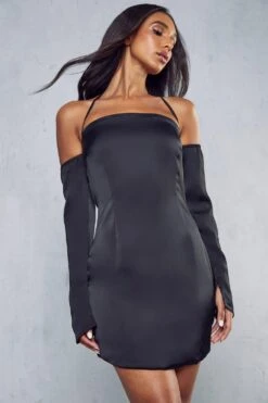 Premium Satin Halterneck Bardot Split Sleeve Dress