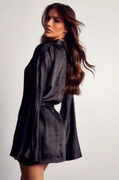 Premium Satin Kimono Sleeve Wrap Blazer Dress -Dress Sales Store black premium satin kimono sleeve wrap blazer dress 2