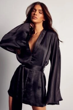 Premium Satin Kimono Sleeve Wrap Blazer Dress -Dress Sales Store black premium satin kimono sleeve wrap blazer dress 4