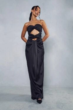 Premium Satin Knot Front Bandeau Maxi Dress