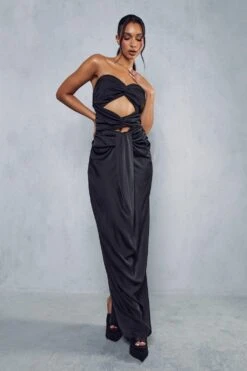 Premium Satin Knot Front Bandeau Maxi Dress -Dress Sales Store black premium satin knot front bandeau maxi dress 3