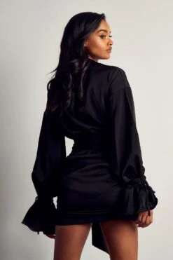 Premium Satin Plunge Front Ruched Mini Dress -Dress Sales Store black premium satin plunge front ruched mini dress 2