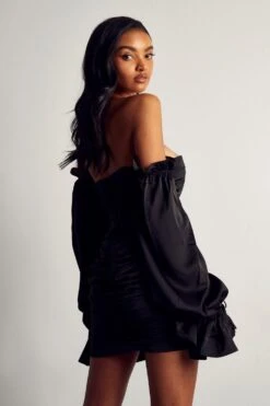 Premium Satin Ruched Tie Sleeve Bardot Dress -Dress Sales Store black premium satin ruched tie sleeve bardot dress 2