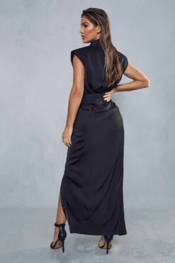 Premium Satin Tailored Wrap Maxi Dress -Dress Sales Store black premium satin tailored wrap maxi dress 2
