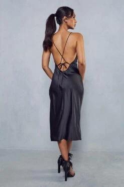 Premium Satin V Plunge Strappy Low Back Midi Slip Dress -Dress Sales Store black premium satin v plunge strappy low back midi slip dress 2