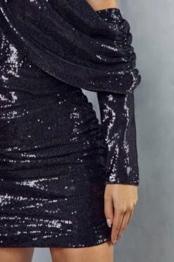 Premium Sequin Drape Sleeve Corseted Dress -Dress Sales Store black premium sequin drape sleeve corseted dress 5