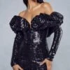 Premium Sequin Ruffle Bardot Mini Dress -Dress Sales Store black premium sequin ruffle bardot mini dress