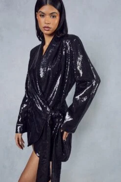 Premium Sequin Wrap Tie Side Dress -Dress Sales Store black premium sequin wrap tie side dress 4