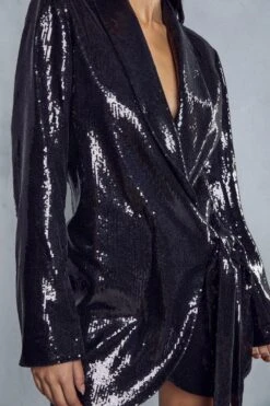 Premium Sequin Wrap Tie Side Dress -Dress Sales Store black premium sequin wrap tie side dress 5