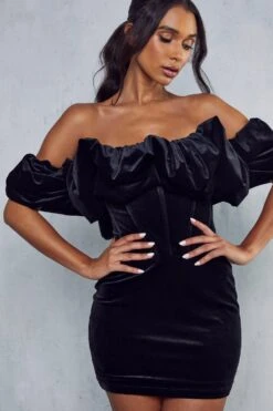 Premium Velvet Corset Puff Sleeve Mini Dress -Dress Sales Store black premium velvet corset puff sleeve mini dress 4