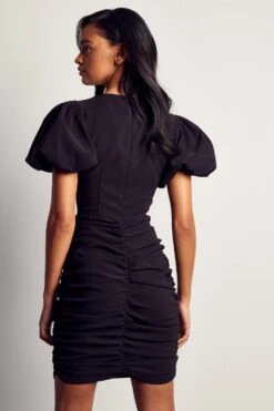Puff Sleeve Plunge Ruched Mini Dress 9 Puff Sleeve Plunge Ruched Mini Dress -Dress Sales Store black puff sleeve plunge ruched mini dress 2