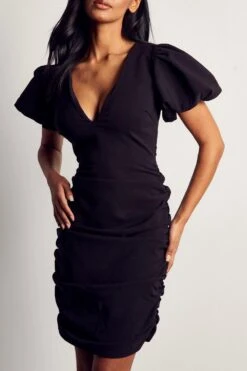 Puff Sleeve Plunge Ruched Mini Dress 11 Puff Sleeve Plunge Ruched Mini Dress -Dress Sales Store black puff sleeve plunge ruched mini dress 4