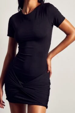Recycled Bodycon Twist Front Mini Dress -Dress Sales Store black recycled bodycon twist front mini dress 1