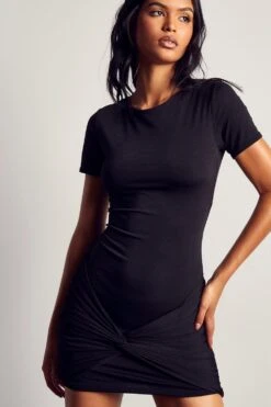 Recycled Bodycon Twist Front Mini Dress -Dress Sales Store black recycled bodycon twist front mini dress 4