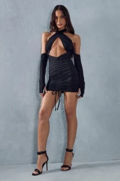 Recycled Halterneck Ruched Front Mini Dress -Dress Sales Store black recycled halterneck ruched front mini dress 6