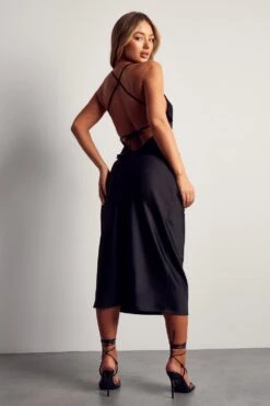 Recycled Satin Cowl Neck Midi Dress -Dress Sales Store black recycled satin cowl neck midi dress 2