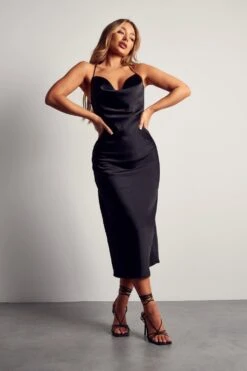 Recycled Satin Cowl Neck Midi Dress -Dress Sales Store black recycled satin cowl neck midi dress 3