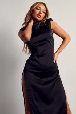 Recycled Satin Sleeveless Split Maxi Dress -Dress Sales Store black recycled satin sleeveless split maxi dress 4