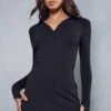 Rib Collared Bodycon Mini Dress -Dress Sales Store black rib collared bodycon mini dress