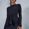 Rib Long Sleeve Tie Waist Mini Dress -Dress Sales Store black rib long sleeve tie waist mini dress