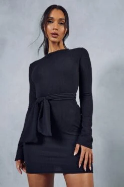 Rib Long Sleeve Tie Waist Mini Dress