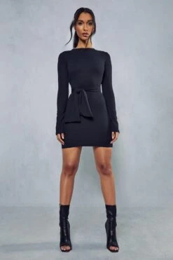Rib Long Sleeve Tie Waist Mini Dress -Dress Sales Store black rib long sleeve tie waist mini dress 3