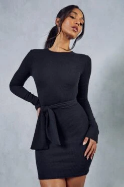 Rib Long Sleeve Tie Waist Mini Dress -Dress Sales Store black rib long sleeve tie waist mini dress 4