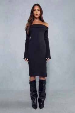 Rib Off The Shoulder Long Sleeve Midi Dress