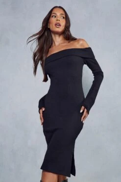 Rib Off The Shoulder Long Sleeve Midi Dress -Dress Sales Store black rib off the shoulder long sleeve midi dress 4