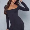 Rib Square Neck Long Sleeve Mini Dress -Dress Sales Store black rib square neck long sleeve mini dress