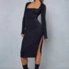 Rib Square Neck Long Sleeve Split Leg Midi Dress -Dress Sales Store black rib square neck long sleeve split leg midi dress