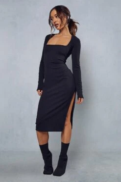 Rib Square Neck Long Sleeve Split Leg Midi Dress