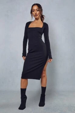 Rib Square Neck Long Sleeve Split Leg Midi Dress 11 Rib Square Neck Long Sleeve Split Leg Midi Dress -Dress Sales Store black rib square neck long sleeve split leg midi dress 3
