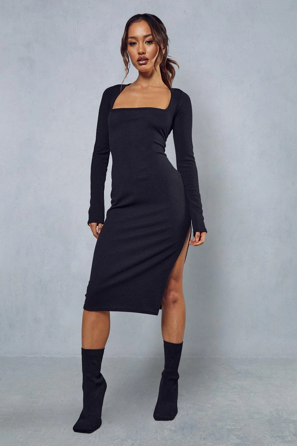 Rib Square Neck Long Sleeve Split Leg Midi Dress 6 Rib Square Neck Long Sleeve Split Leg Midi Dress - Image 4