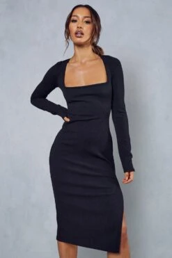 Rib Square Neck Long Sleeve Split Leg Midi Dress 12 Rib Square Neck Long Sleeve Split Leg Midi Dress -Dress Sales Store black rib square neck long sleeve split leg midi dress 4