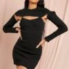 Ribbed High Neck Open Chest Mini Dress -Dress Sales Store black ribbed high neck open chest mini dress