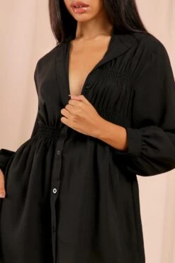 Ruched Detail Skater Shirt Dress -Dress Sales Store black ruched detail skater shirt dress 3