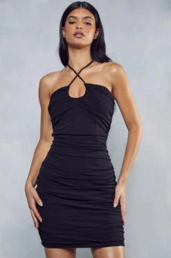 Ruched Mesh Front Cross Strap Mini Dress