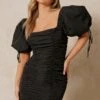 Ruched Puff Sleeve Square Neck Dress -Dress Sales Store black ruched puff sleeve square neck dress