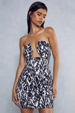 Satin Animal Print V Bar Mini Dress -Dress Sales Store black satin animal print v bar mini dress 5