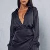 Satin Collared Wrap Mini Dress -Dress Sales Store black satin collared wrap mini dress