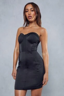 Satin Contrast Panel Bandeau Dress -Dress Sales Store black satin contrast panel bandeau dress 4