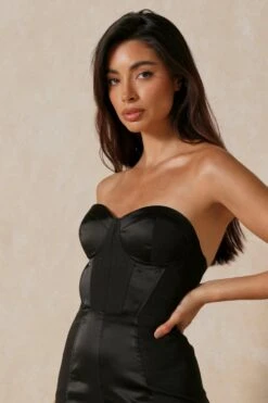Satin Contrast Panel Bandeau Dress -Dress Sales Store black satin contrast panel bandeau dress 5