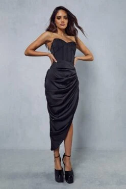 Satin Corseted Chiffon Asymmetric Dress -Dress Sales Store black satin corseted chiffon asymmetric dress 3