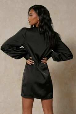 Satin Draped Collarless Shirt Dress -Dress Sales Store black satin draped collarless shirt dress 2