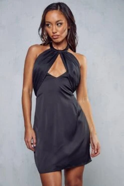 Satin Halterneck Pleat Backless Slip Dress