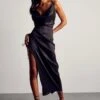 Satin Jacquard Cowl Ruched Midi Dress -Dress Sales Store black satin jacquard cowl ruched midi dress