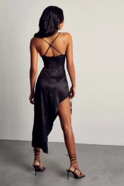 Satin Jacquard Cowl Ruched Midi Dress -Dress Sales Store black satin jacquard cowl ruched midi dress 2