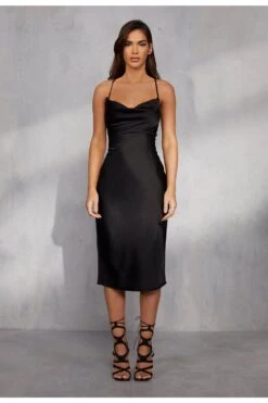 Satin Lace Up Back Midi Dress -Dress Sales Store black satin lace up back midi dress 5